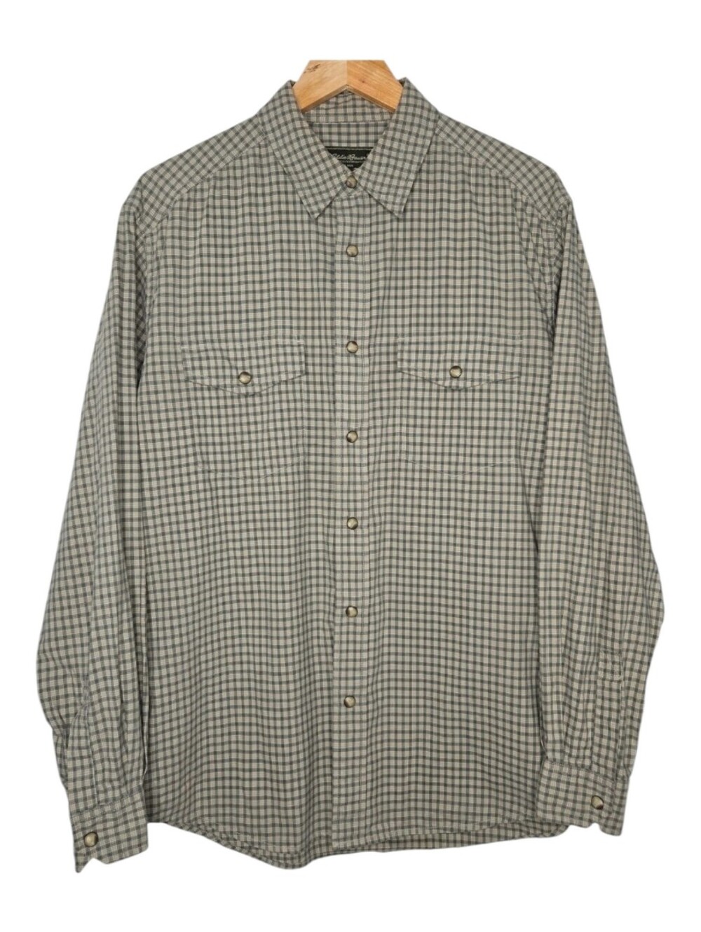 Eddie Bauer Mens Green Plaid Cotton Western Pearl Snap Front Shirt Medium